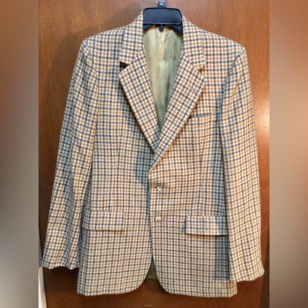 Vintage Christian Dior 1970s Mens Plaid Virgin Wool Blazer Tan Jacket SingleVent